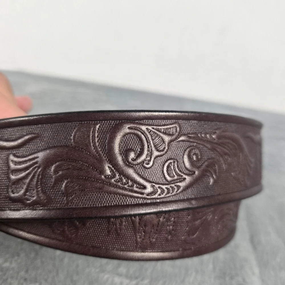 Hershberger's Millersburg Ohio Mens Brown Tooled Leather Western Belt Size 50